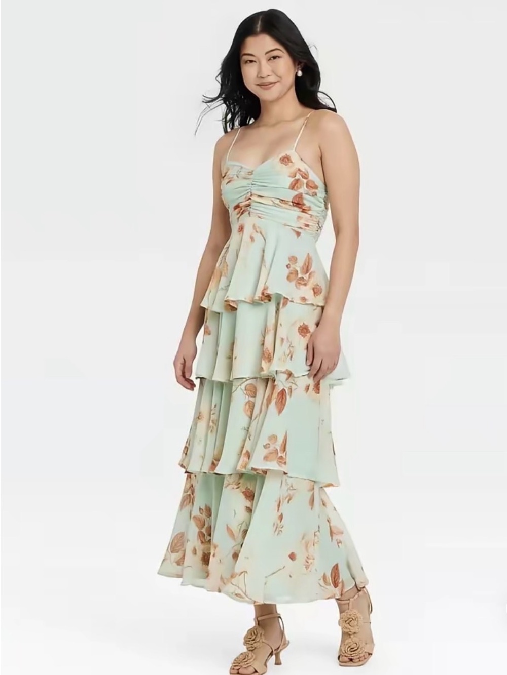 NWT A New Day Tiered Ruffle A-Line Maxi Dress in Mint Floral